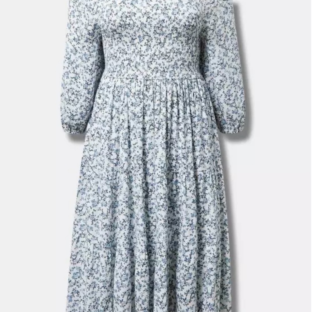 Torrid Blue and White Smocked Sundress with Bishop Sleeves